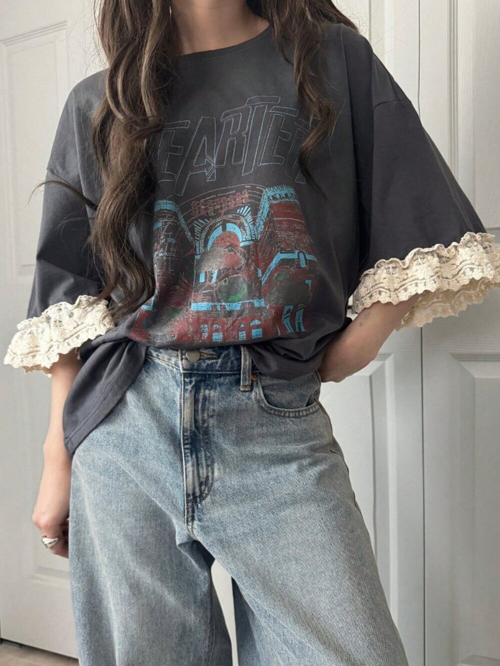 Grey Casual Women's Loose Fit Letter Print Lace Patchwork Short Sleeve T-Shirt